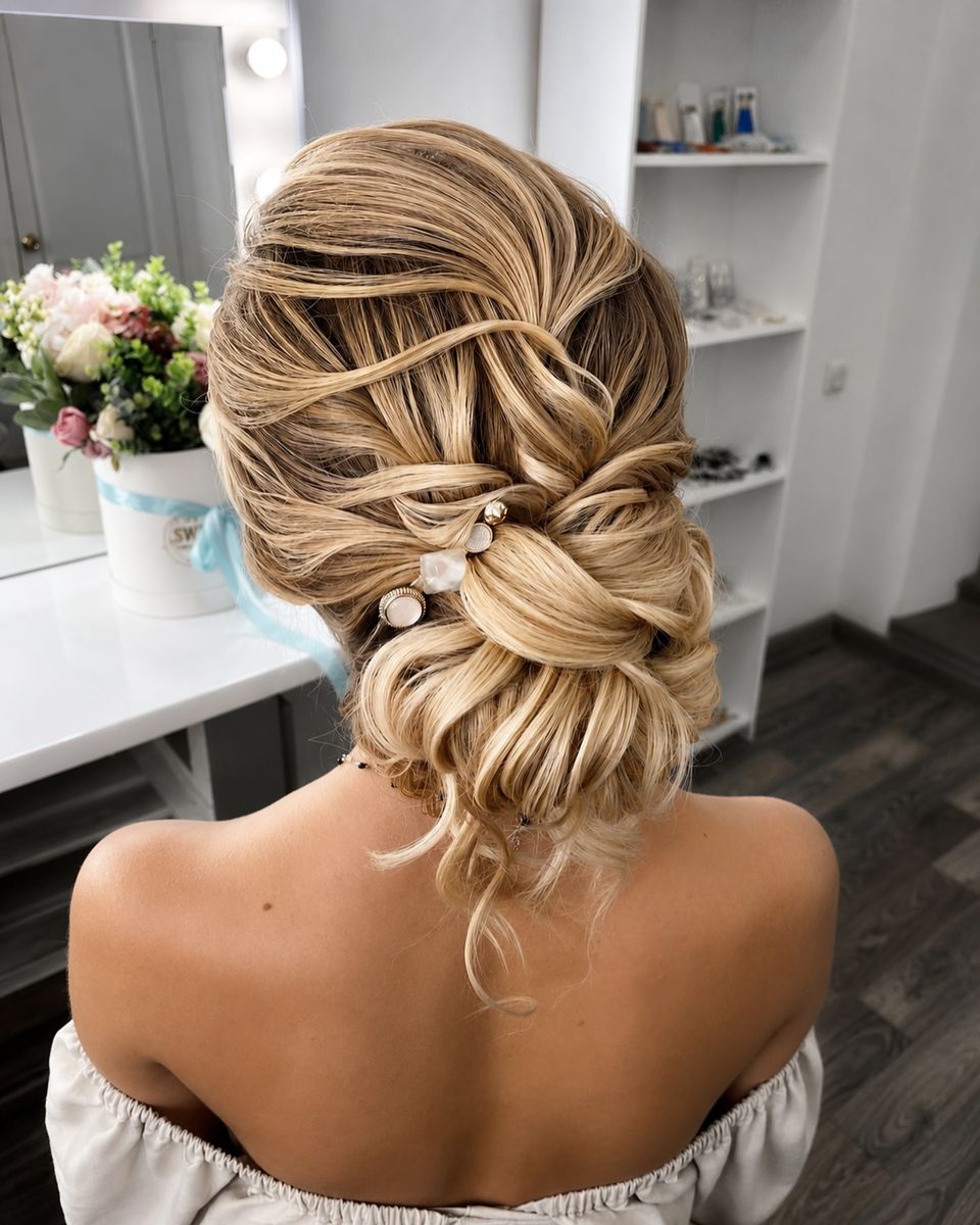 Textured bridal updo with pearl pins, back view