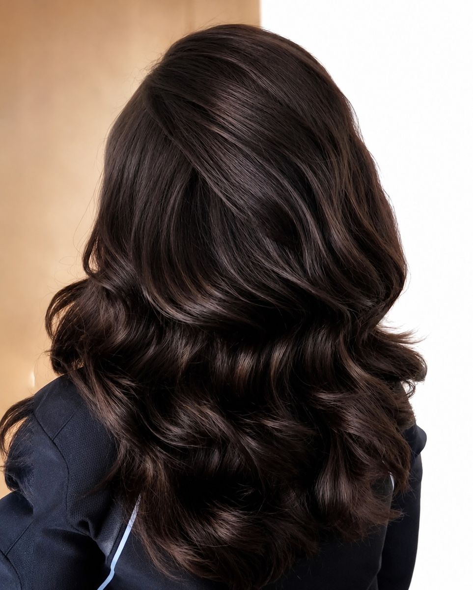 Glossy dark brunette colour with bouncy curls